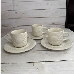 Set of 3 Gibson Designs White Embossed‎ Fruit Coffee Cups & Saucers